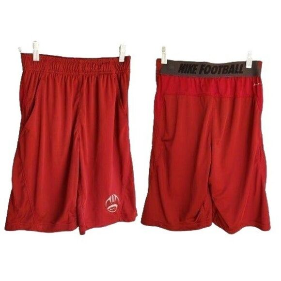 Nike Boys Long Athletic Shorts L Red Football Logo Dri-Fit Pockets Activewear - Picture 6 of 8